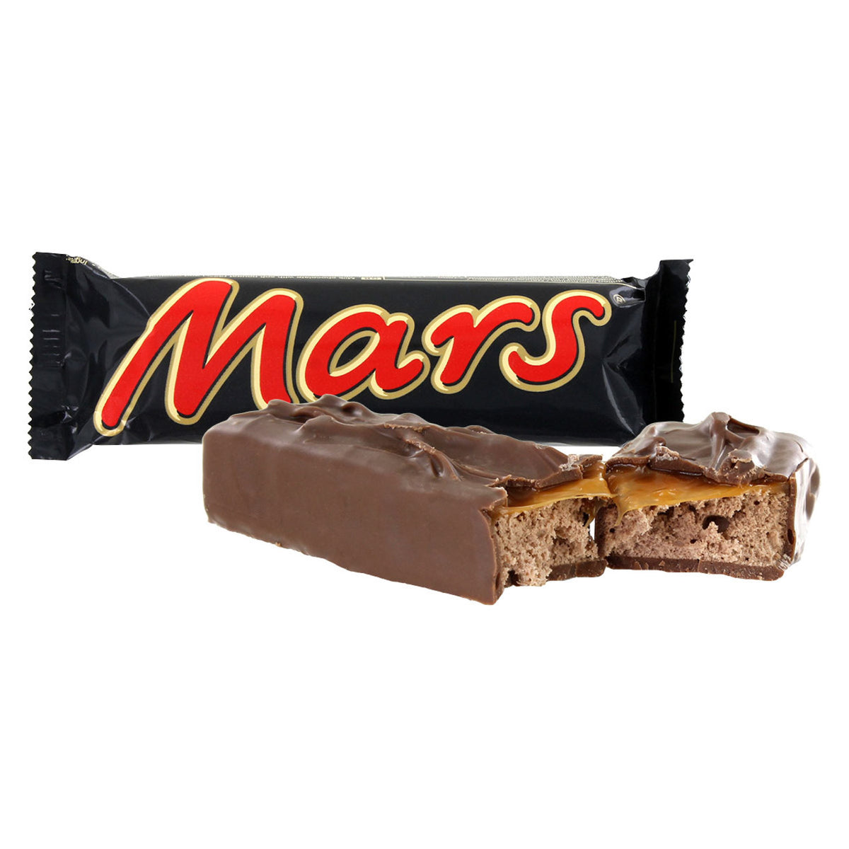 Mars chocolate bar with a piece cut open to reveal the nougat filling on a white background.