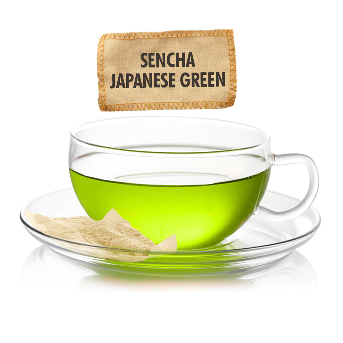 Clear glass cup filled with green tea, tea bag labeled 'Sencha Japanese Green', and tea leaves on a white background