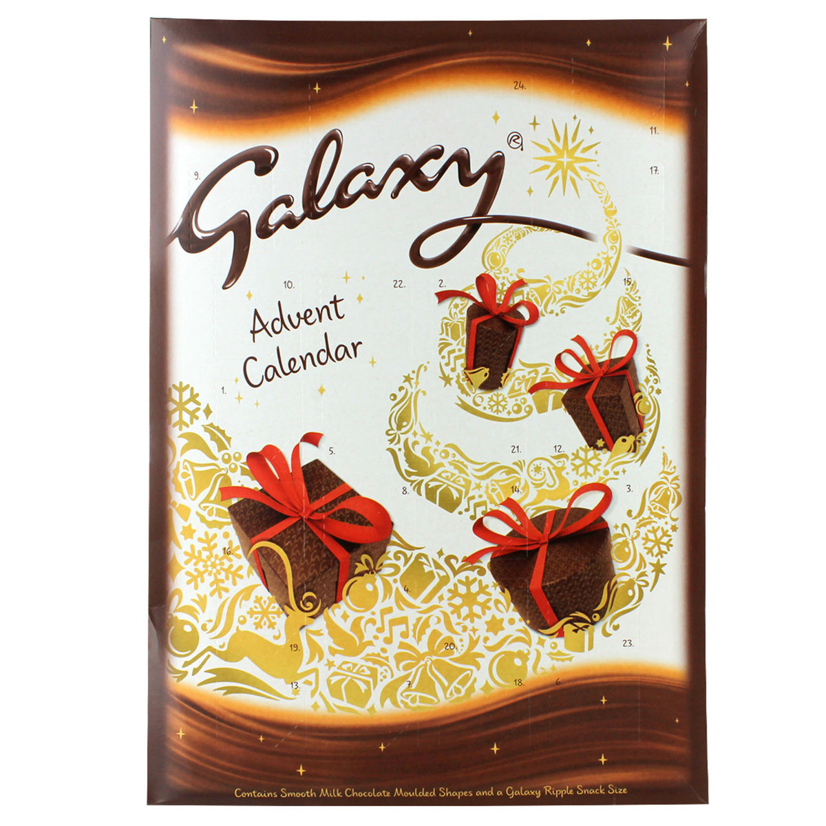 Galaxy chocolate advent calendar packaging with chocolate bars and red ribbons on a decorative background.