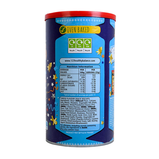 Back side of a jar of Treleselets with a blue label and red lid on a white background