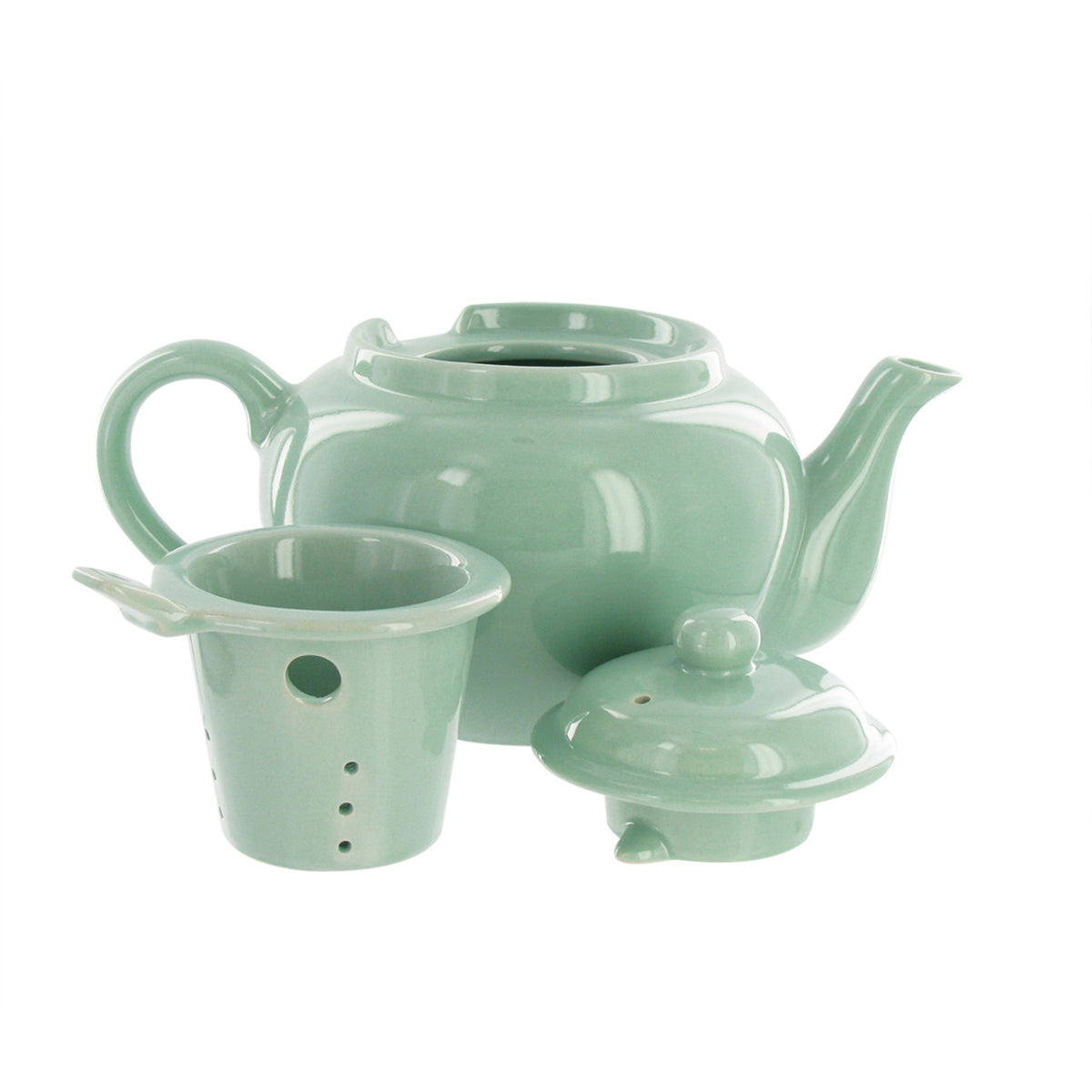 Mint green ceramic teapot with infuser and lid on a white background
