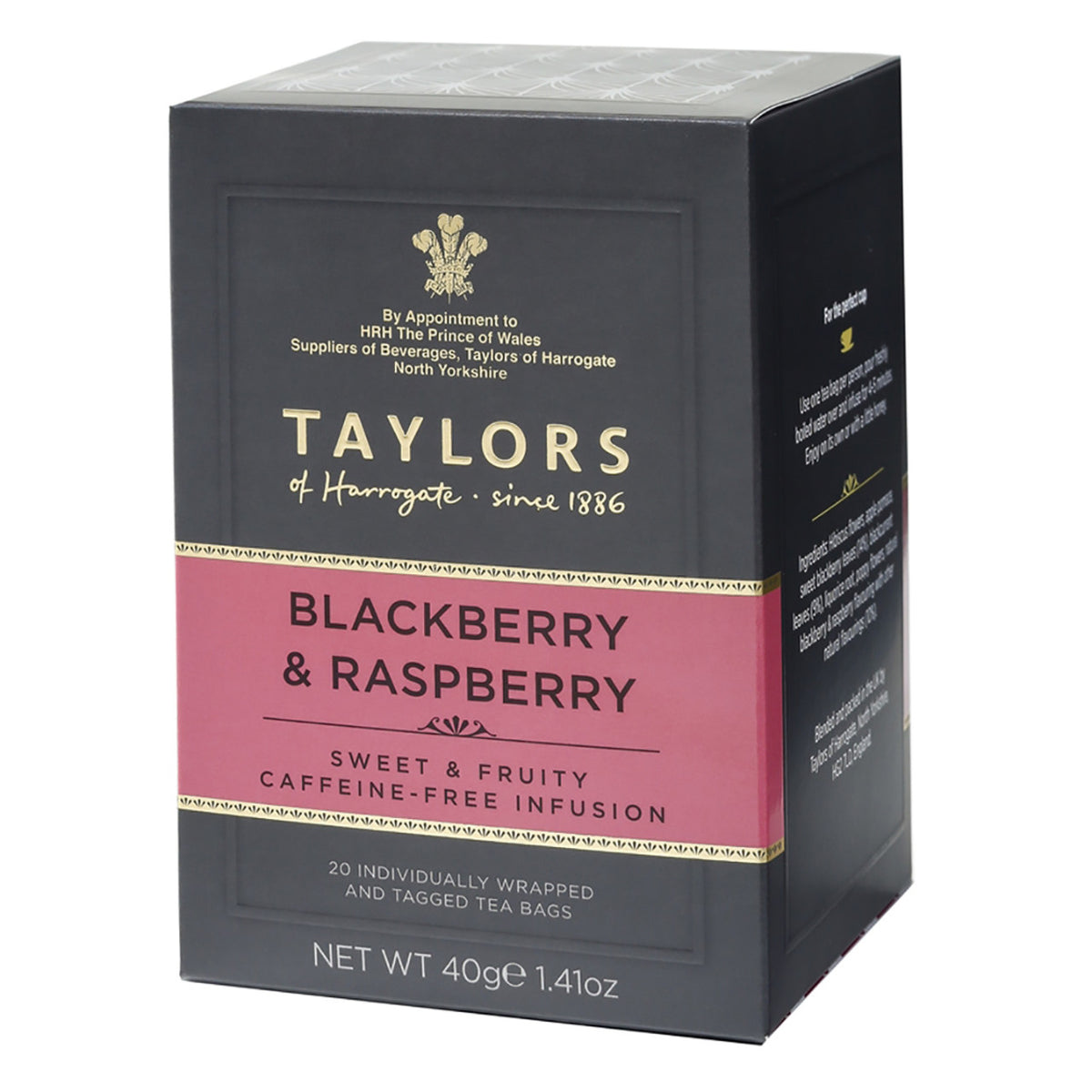 Taylors of Harrogate blackberry and raspberry tea box on a white background