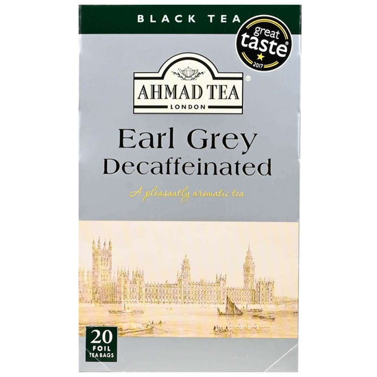Ahmad Tea London Earl Grey Decaffeinated black tea package with Great Taste award on a white background