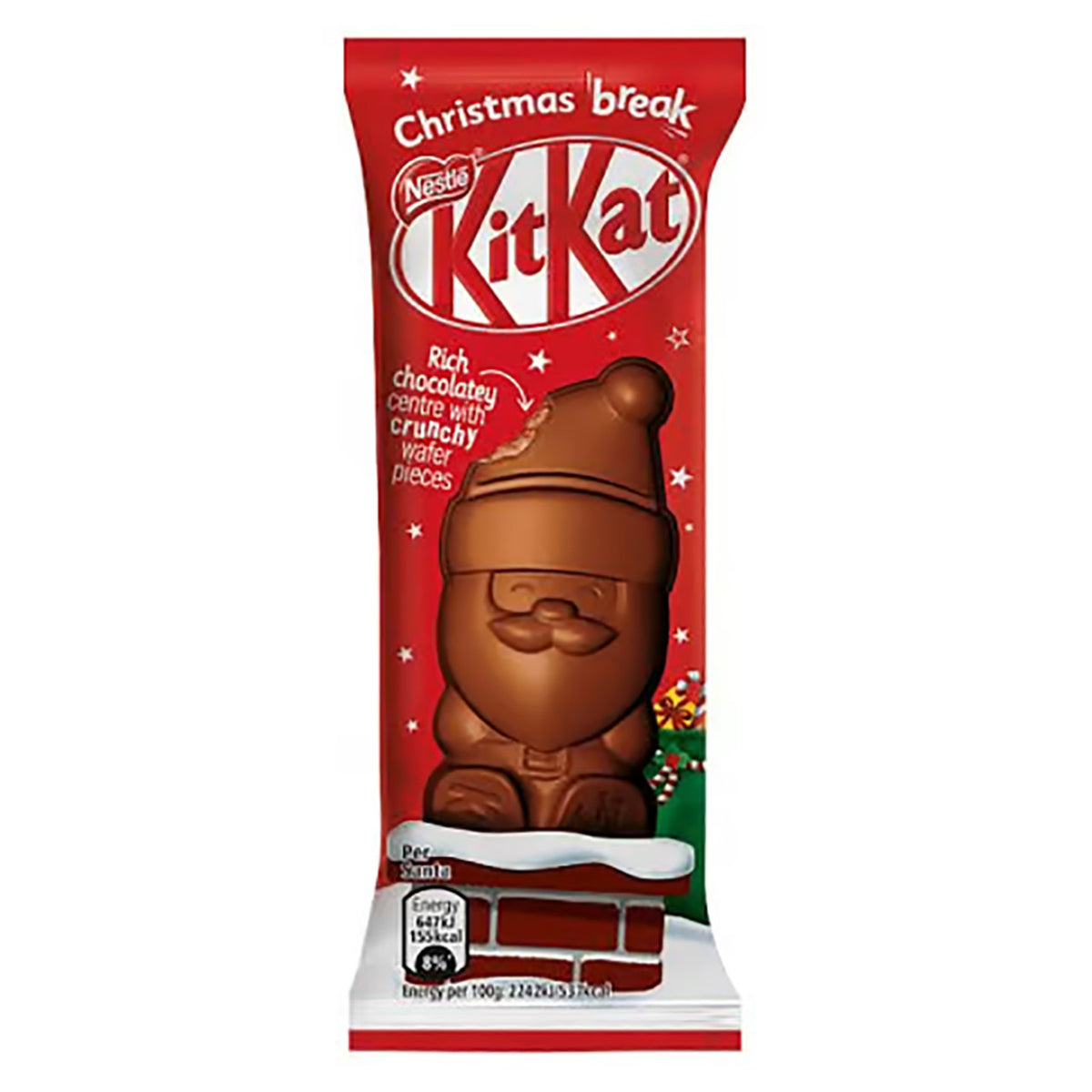 Kit Kat chocolate bar packaging with Santa Claus design on a red background