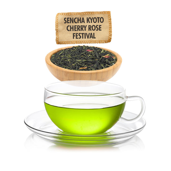 Glass cup of green tea with a bowl of Sencha Kyoto Cherry Rose Festival tea leaves on a white background