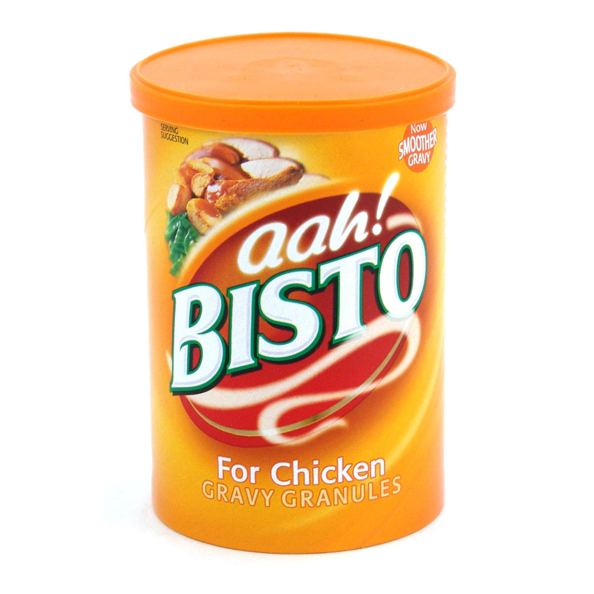 Bisto chicken gravy granules container on a white background