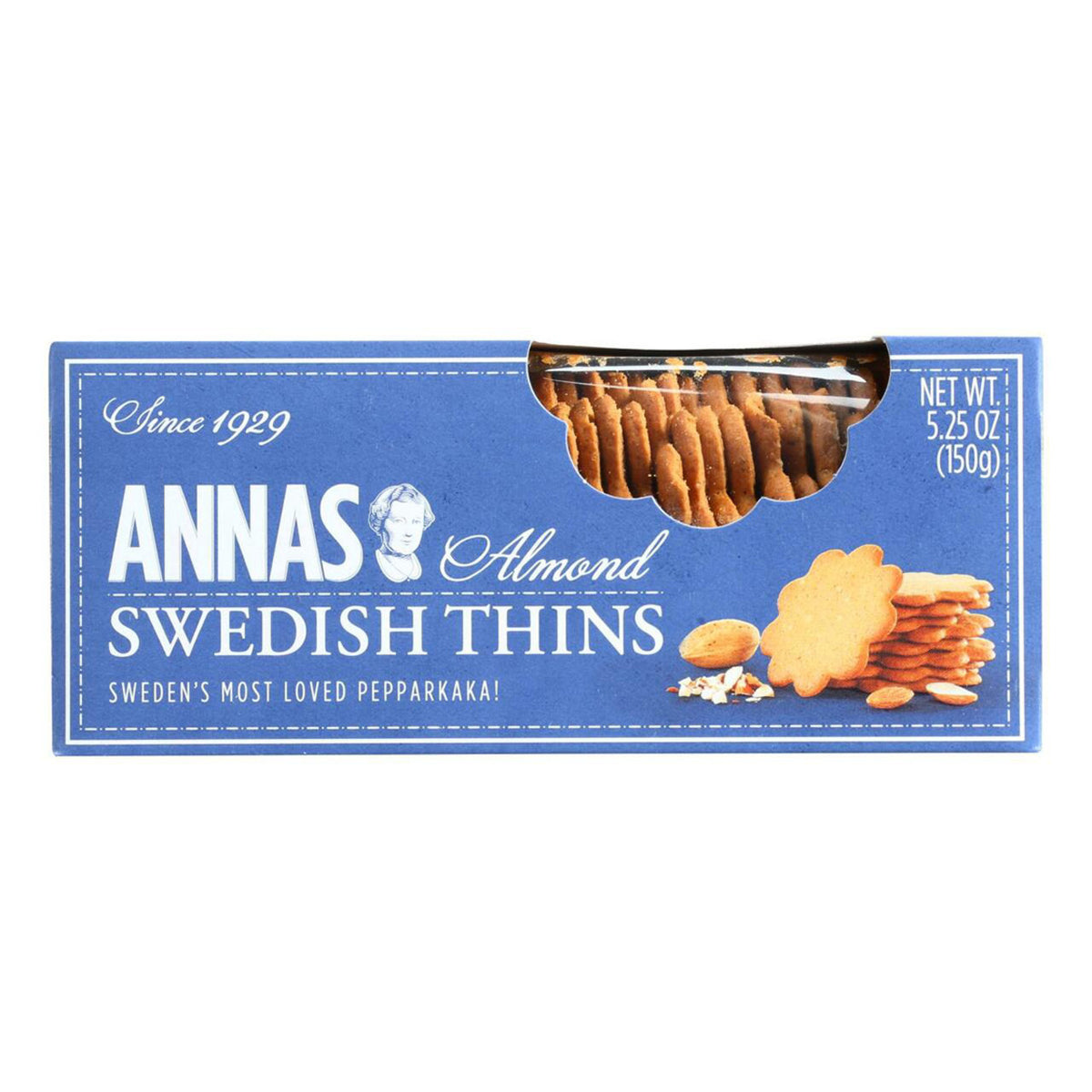 Box of Annas Almond Swedish Thins with blue packaging