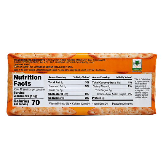 Nutrition facts label on a package of crackers with an orange background