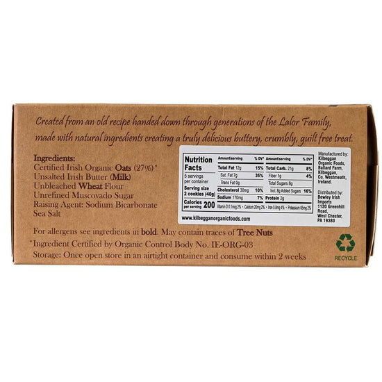 Back of a brown box of Kilbeggan Irish Oat Cookies with text and nutrition label on a white background