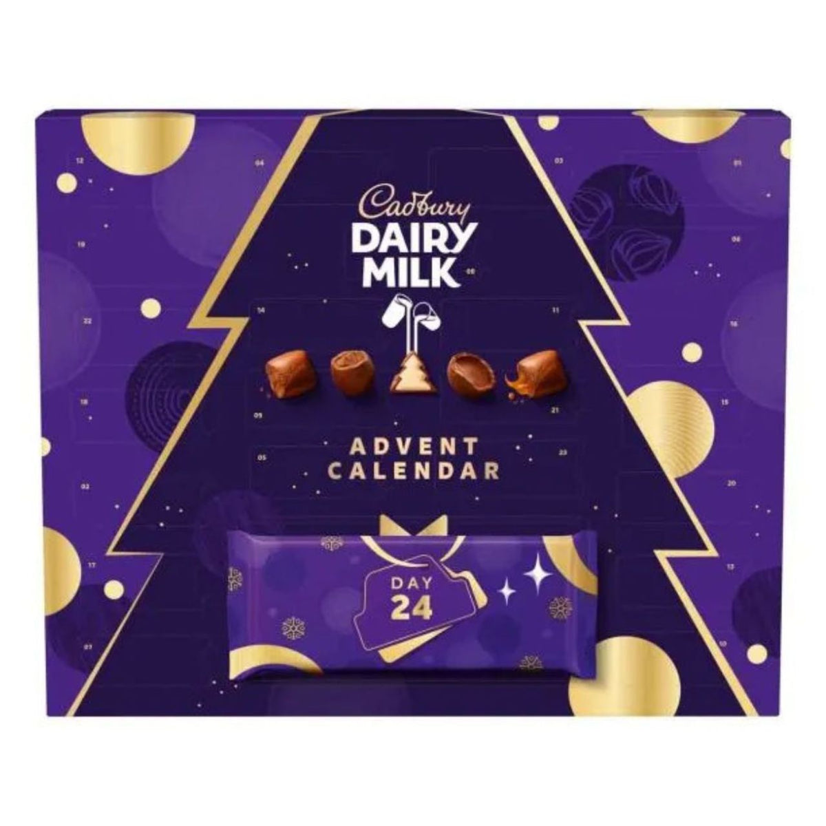 Cadbury Dairy Milk Advent Calendar packaging with purple and gold design