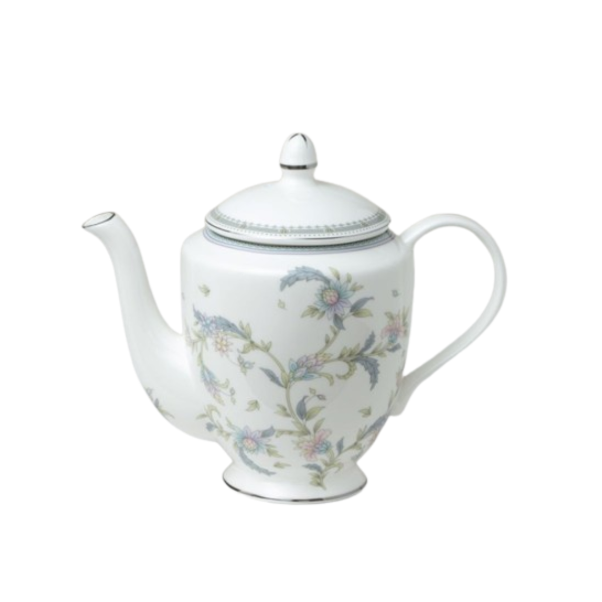 White teapot with floral patterns on a white background
