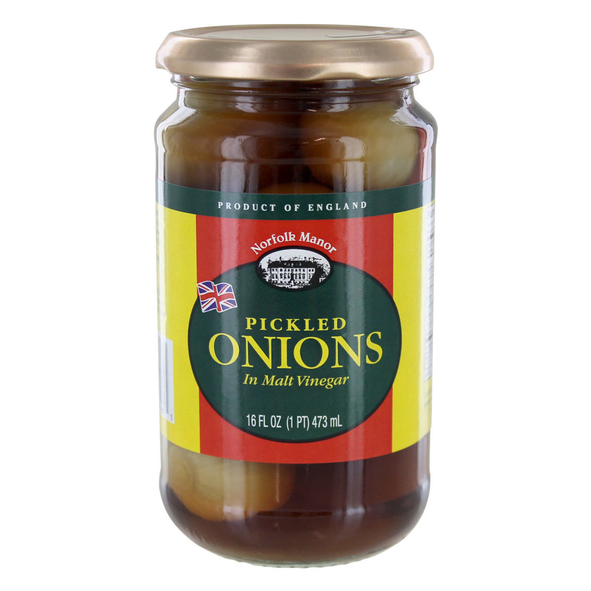 Jar of Norfolk Manor pickled onions with a visible label on a white background