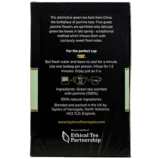 Taylors of Harrogate Green Tea package with black background and white text providing tea brewing instructions and brand information. Package is on a white background.