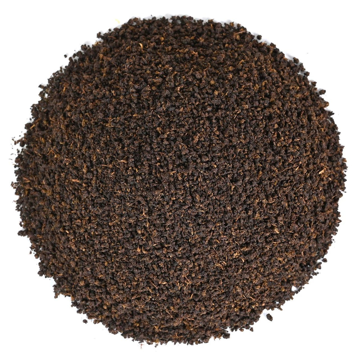 Close up image of dry black tea leaves in a coarse ground appearance.