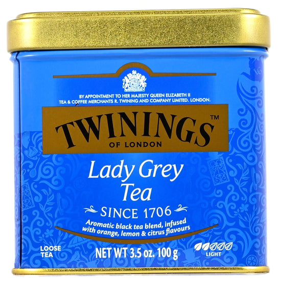 Twinings Lady Grey Tea canister with blue and gold design