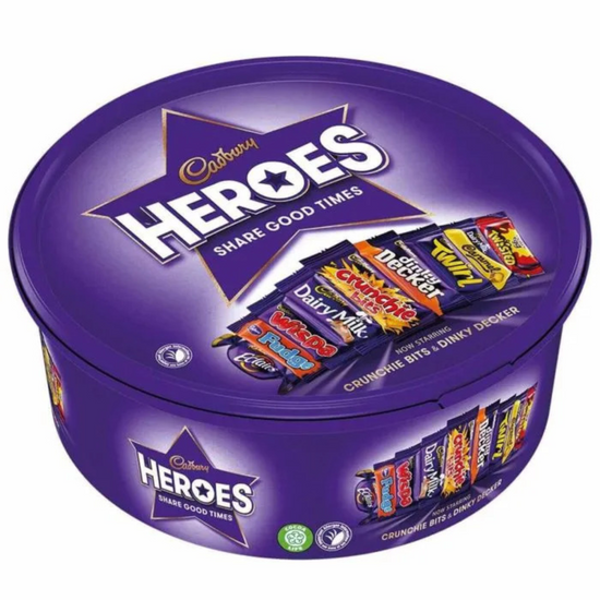 Circular tin of Cadbury Heroes candy