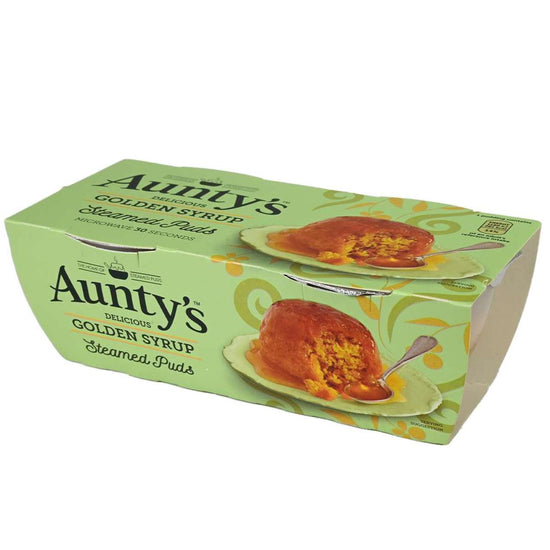 Box of Aunty's Golden Syrup Steamed Puds on a white background