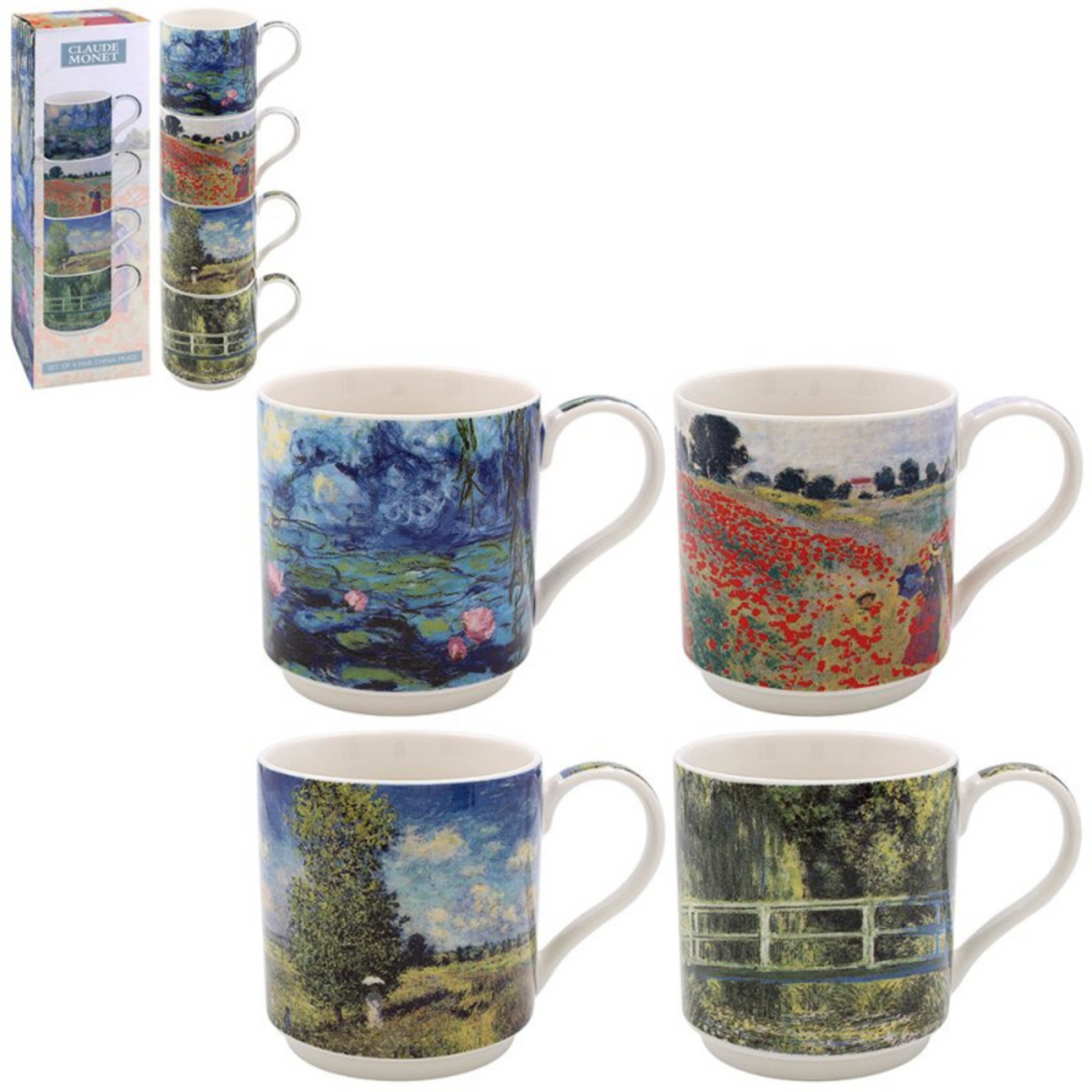 Set of four mugs with artistic Claude Monet designs in two rows of two in the bottom center on a white background. In the upper left is all four mugs stacked next to their product package.