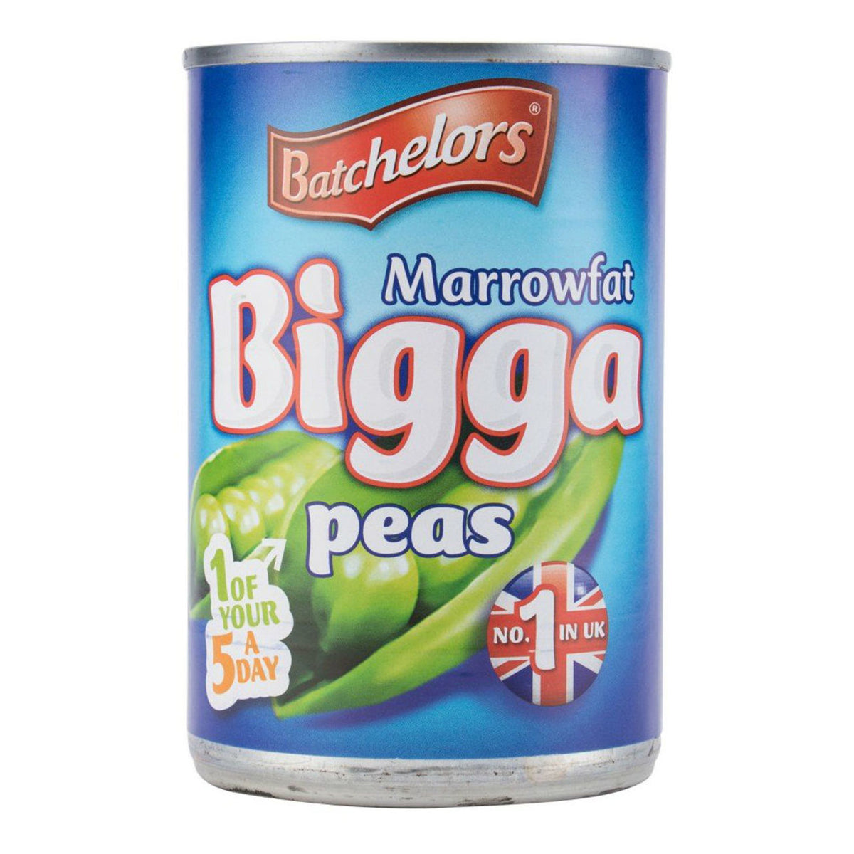 Can of Batchelors Marrowfat Bigga Peas on a white background
