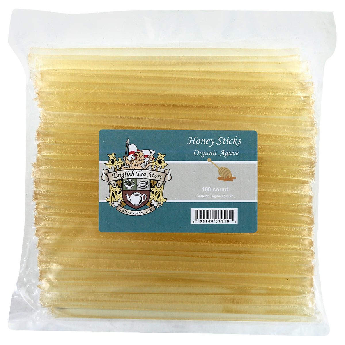Pack of honey sticks with English Tea Store label on a white background
