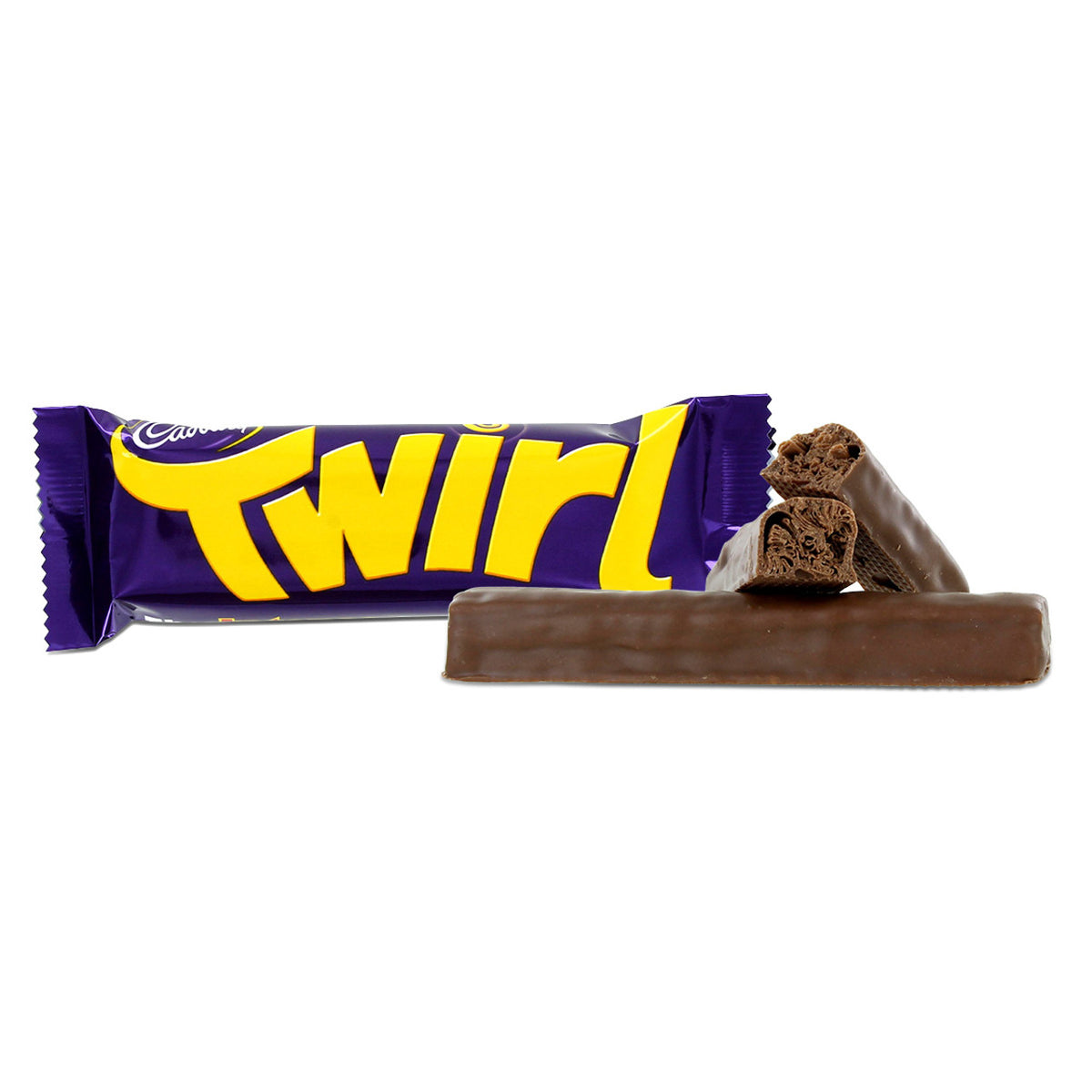 Cadbury Twirl chocolate bar with purple and yellow packaging on a white background