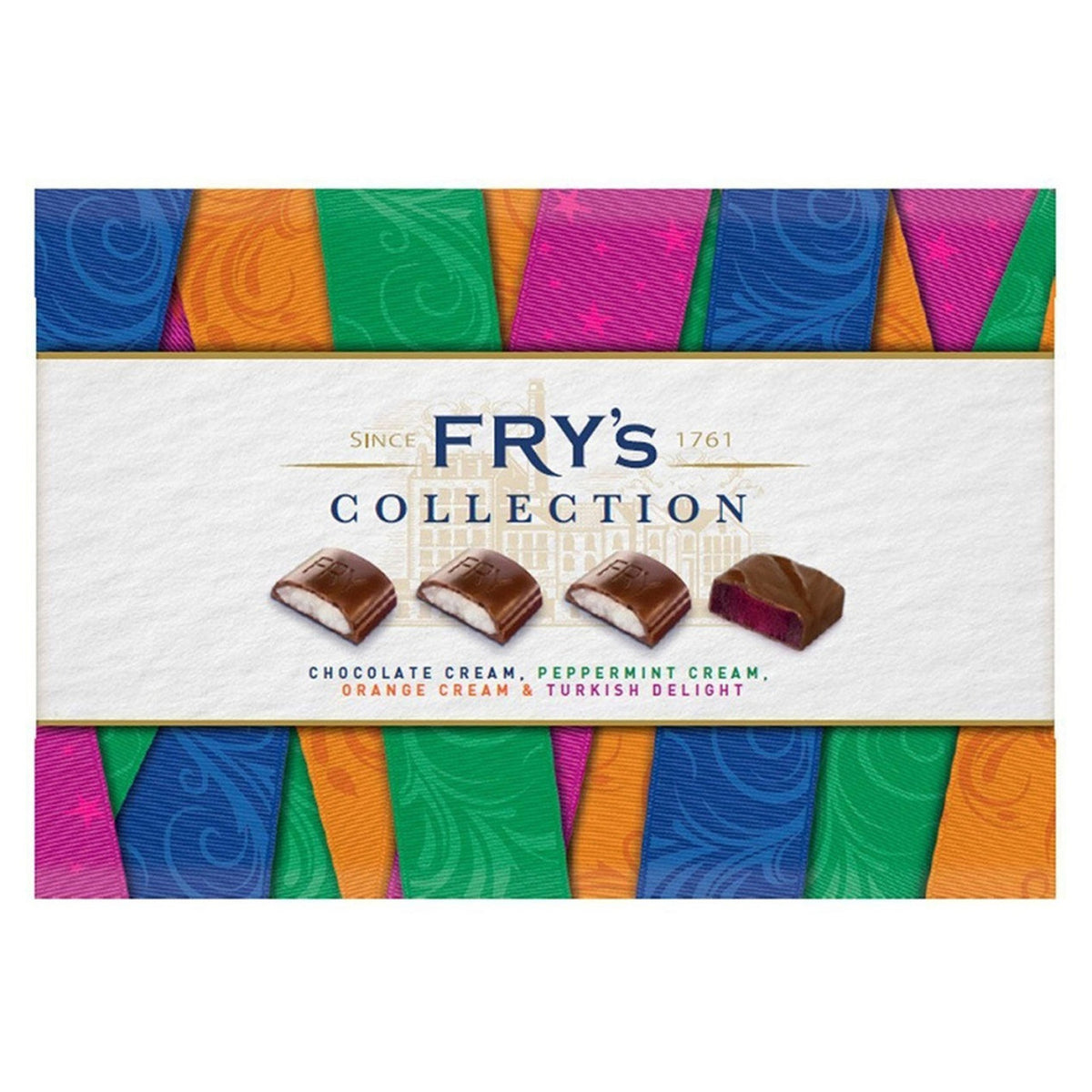 Fry's Collection chocolate box with colorful design and product names.