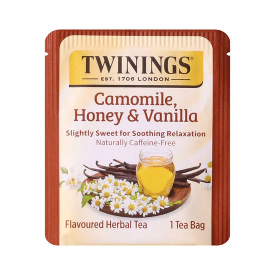 Twinings Camomile, Honey & Vanilla tea bag packaging on a white background
