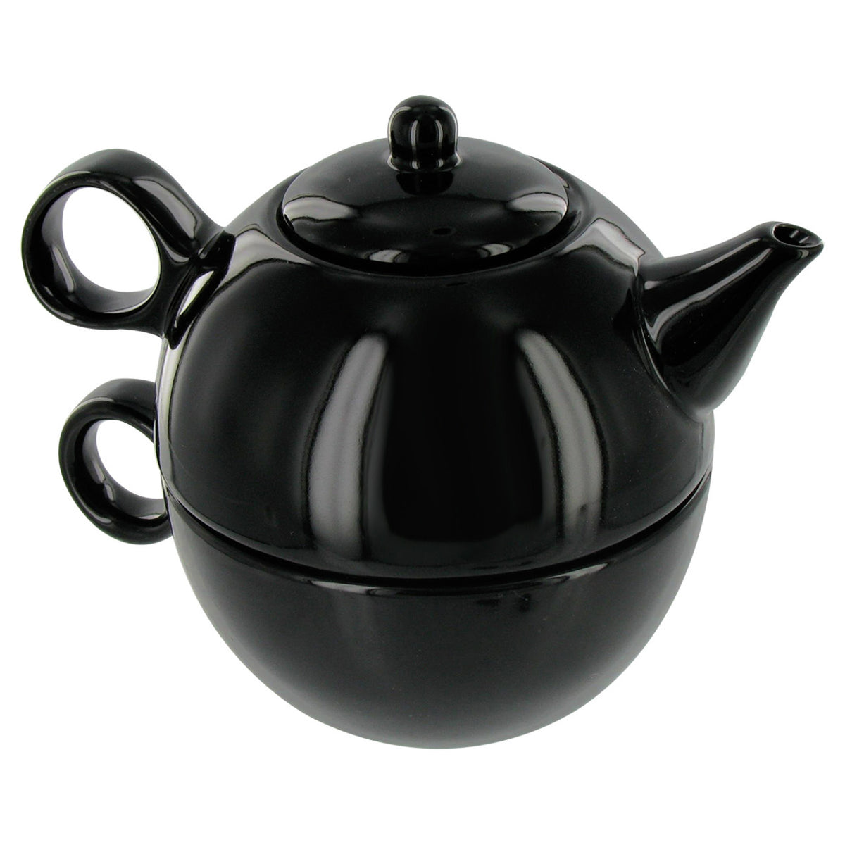 Black ceramic tea for one tea set featuring the black teapot on top of the black mug on a white background
