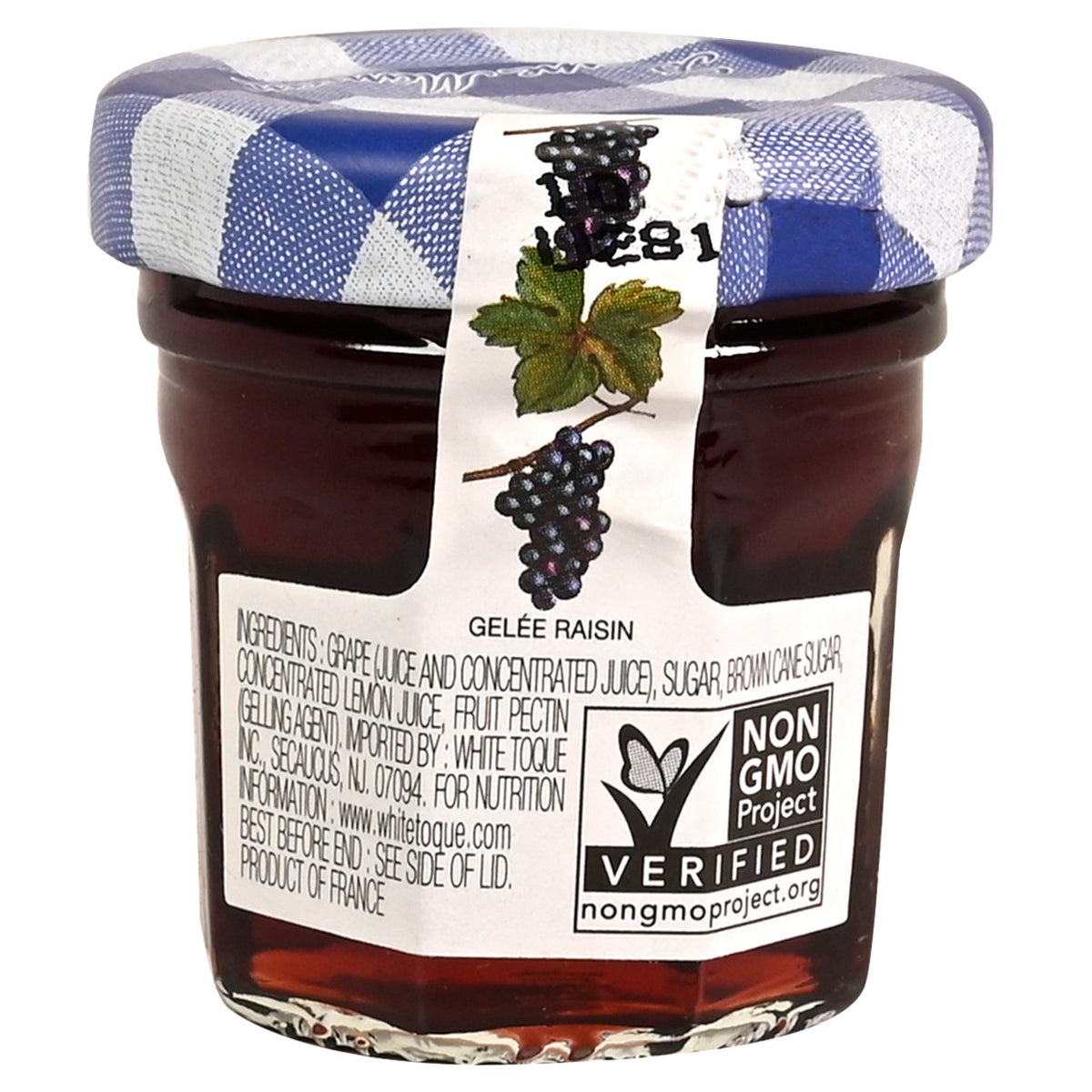 Back of a jar of Bonne Maman Muscat Grape Jelly with a blue and white checkered lid and ingredients list.