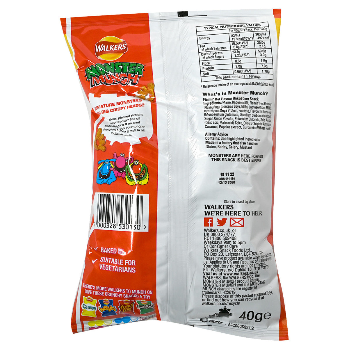 Back of Walkers Monster Munch Flamin' Hot snack packet on a white background