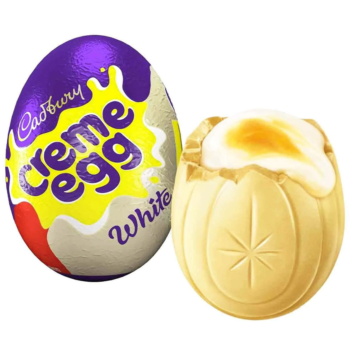 Cadbury Creme Egg with a white filling on a white background