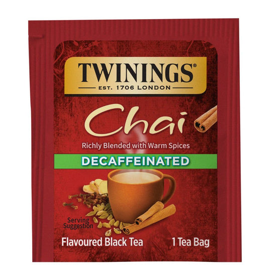 Twinings Decaffeinated Chai tea bag packaging on a white background