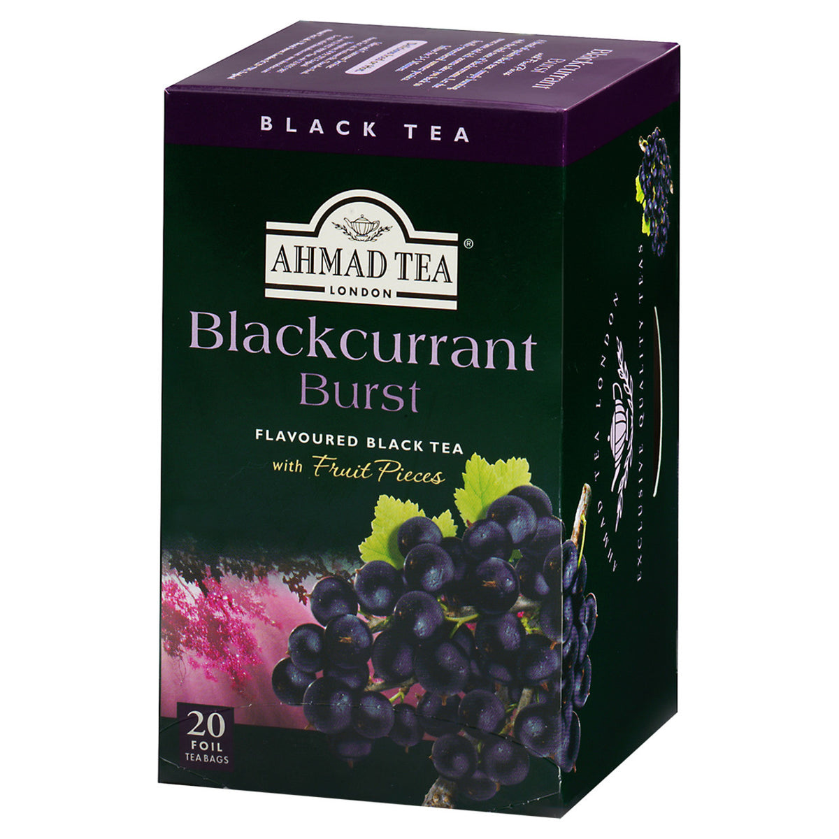 Box of Ahmad Tea Blackcurrant Burst black tea on a white background
