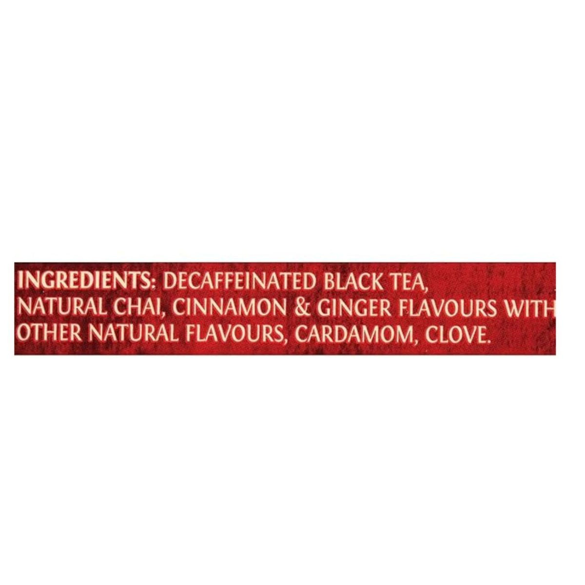 Text on a red background listing ingredients of a decaffeinated black tea product.