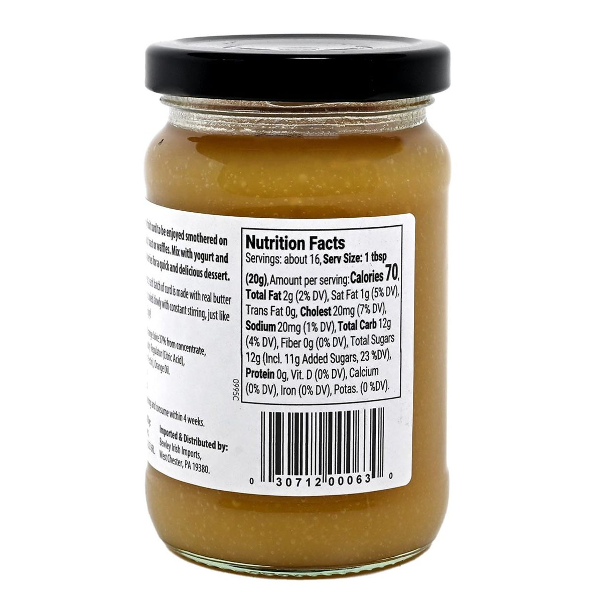 Jar of Welsh Lady Orange Curd 'All Butter' on a white background with nutrition facts label