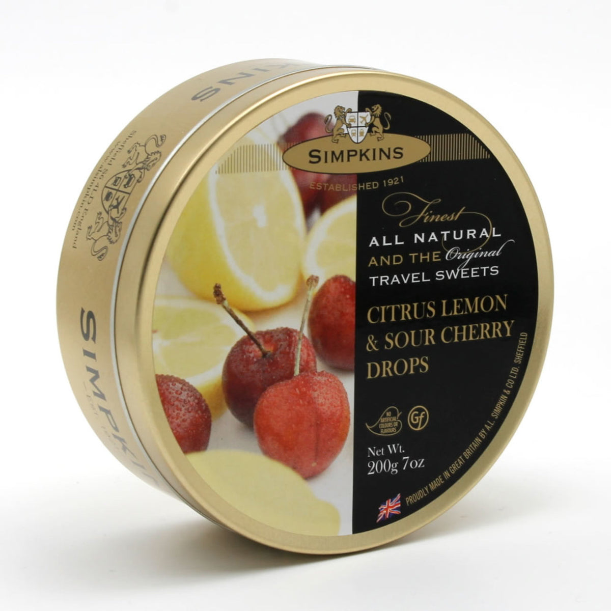 Simpkins Citrus Lemon & Sour Cherry Drops tin on a white background