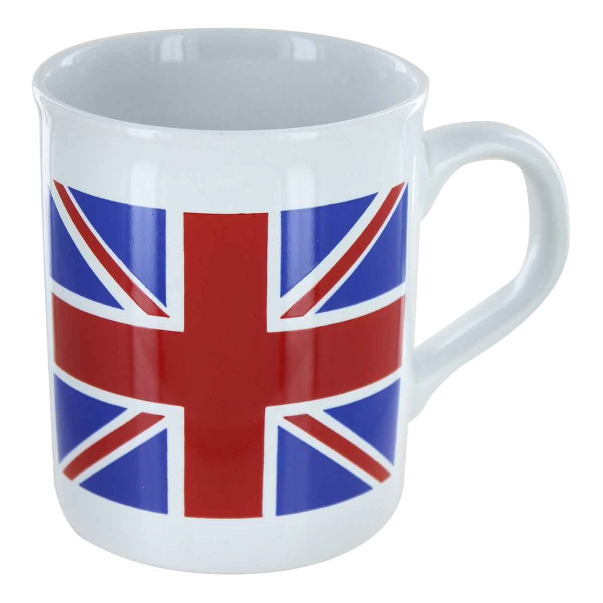 White mug with a Union Jack design on a white background