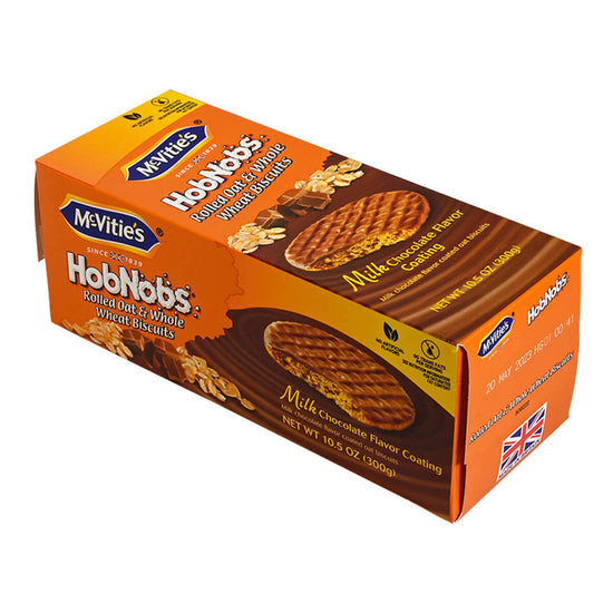 Box of McVities HobNobs on white background.