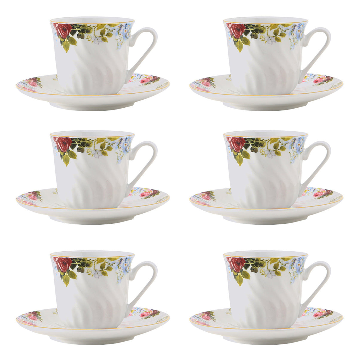 Set of six porcelain floral teacups and saucers on a white background