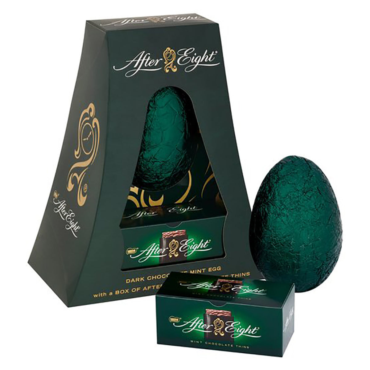 Green chocolate egg with After Eight packaging on a white background