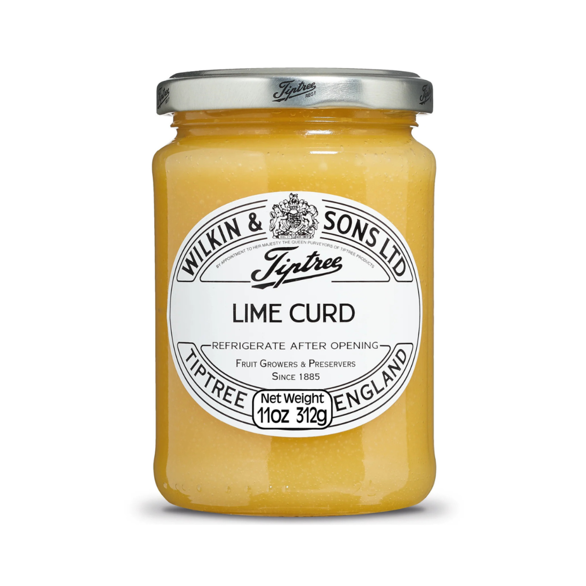 Jar of Tiptree Lime Curd with a white label on a white background