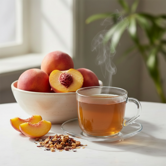 Steaming cup of tea with peaches and tea leaves on a table