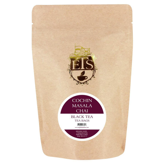 A pouch of Cochin Masala Chai tea bags by The English Tea Store with branding and product name visible.