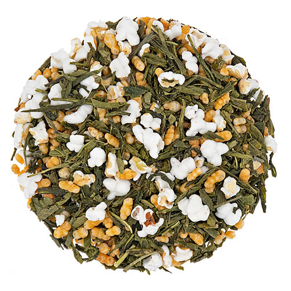 Tea ball of genmaicha green tea leaves, popcorn-shaped pieces, and small orange pieces on a white background