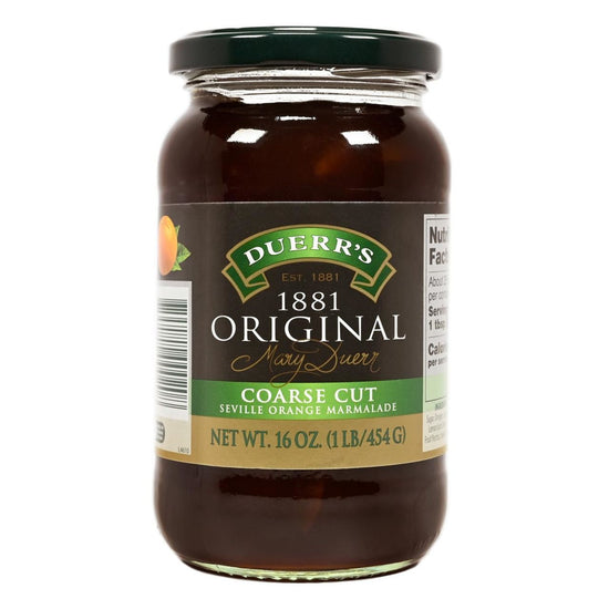 A jar of Duerr's 1881 Original Coarse Cut Seville Orange Marmalade featuring brown and green label and white text.