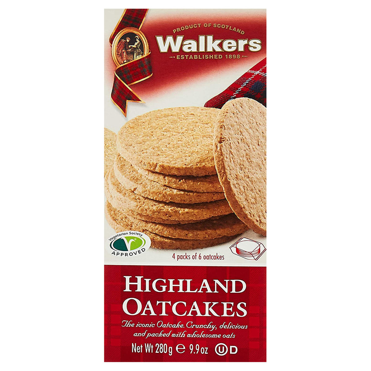 Box of Walkers Highland Oatcakes with a red and white design.