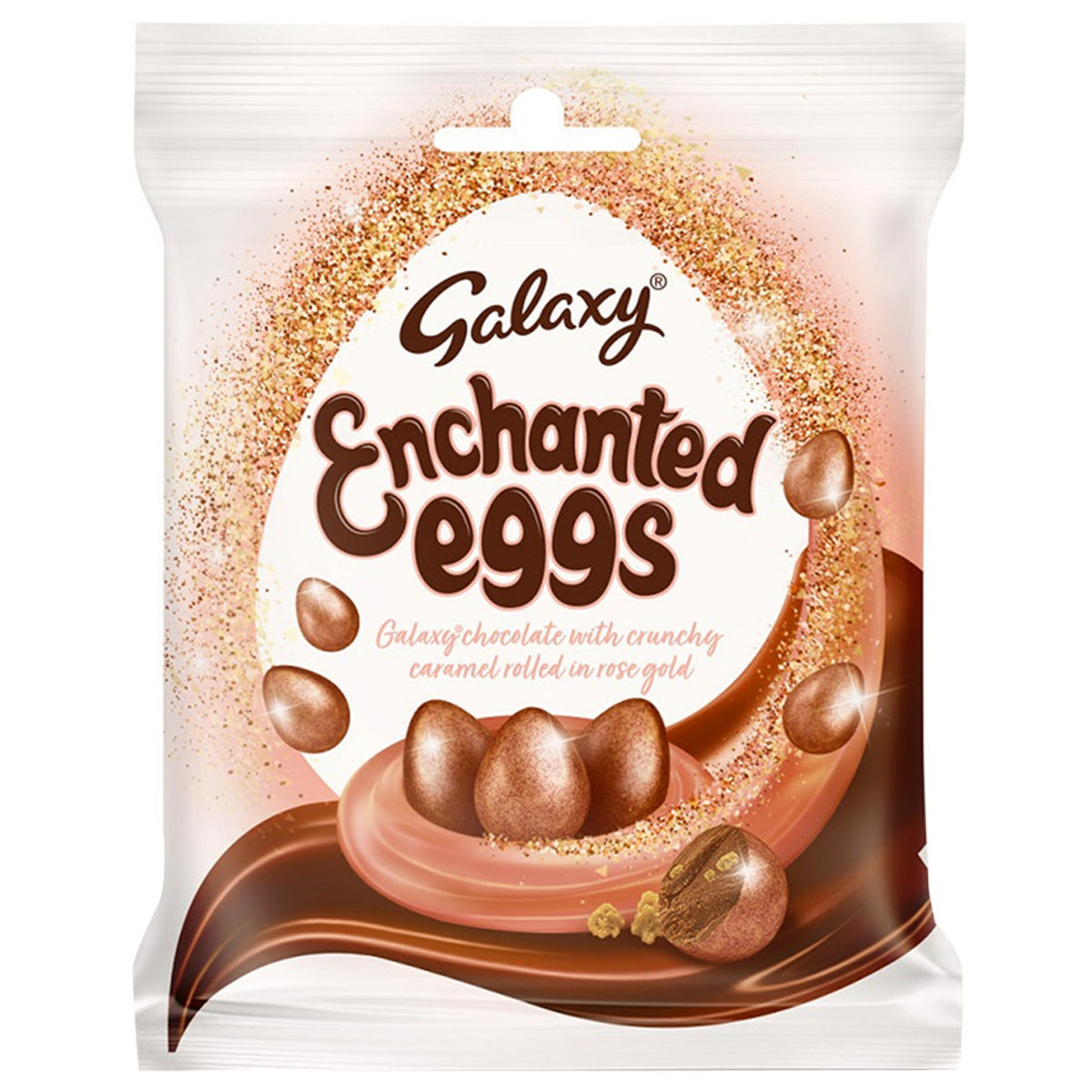 Packaging of Galaxy Enchanted Eggs with chocolate and rose gold elements.