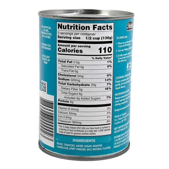 Back side of a can of Heinz Beans with tomato sauce on a white background