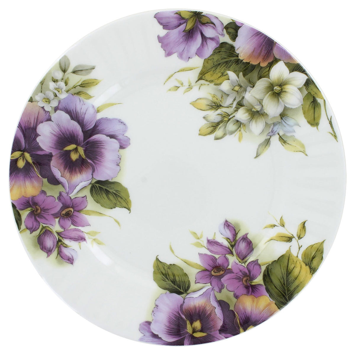 Decorative bone china plate with purple and white floral design on a white background