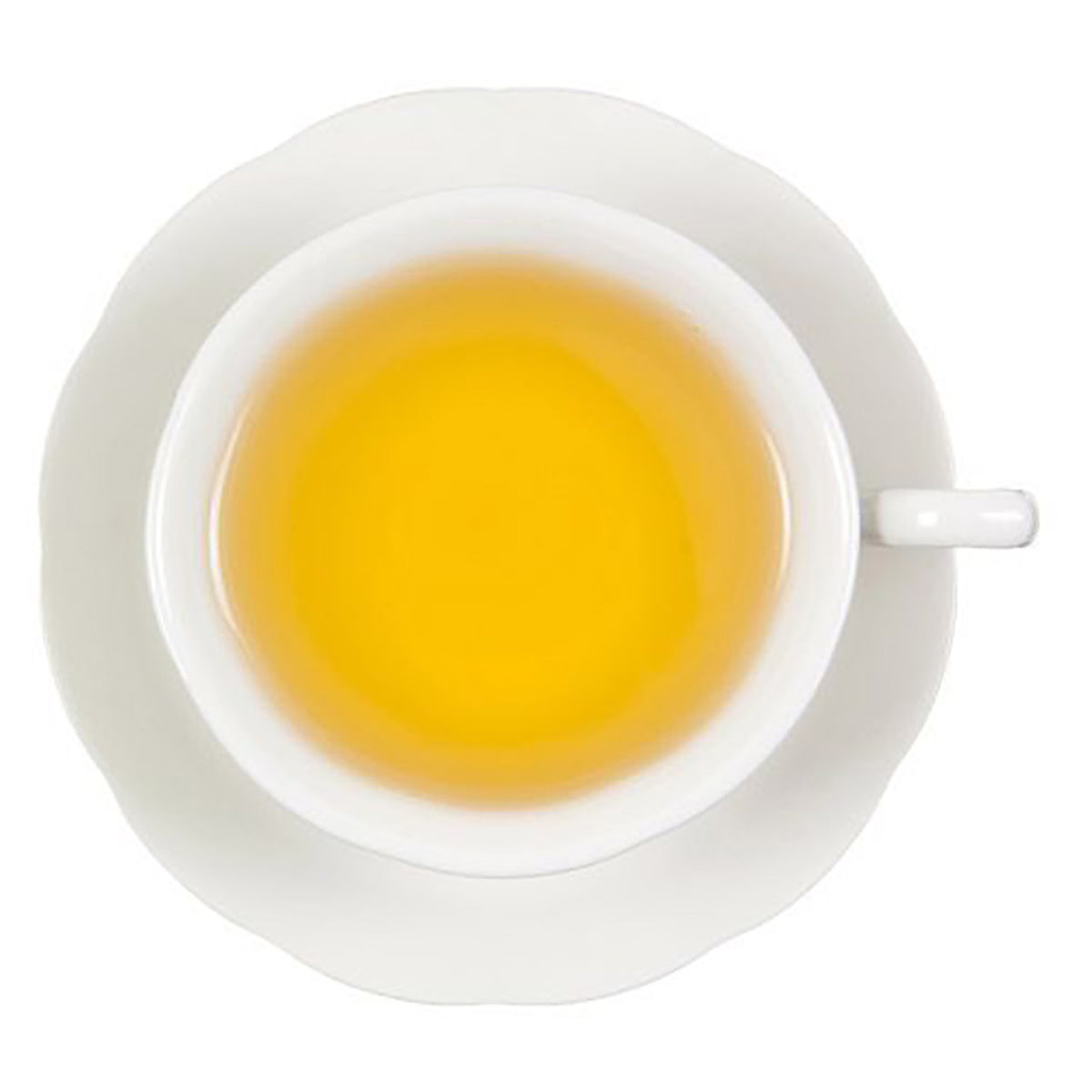 Top-down view of a white teacup with yellow colored tea on a white background